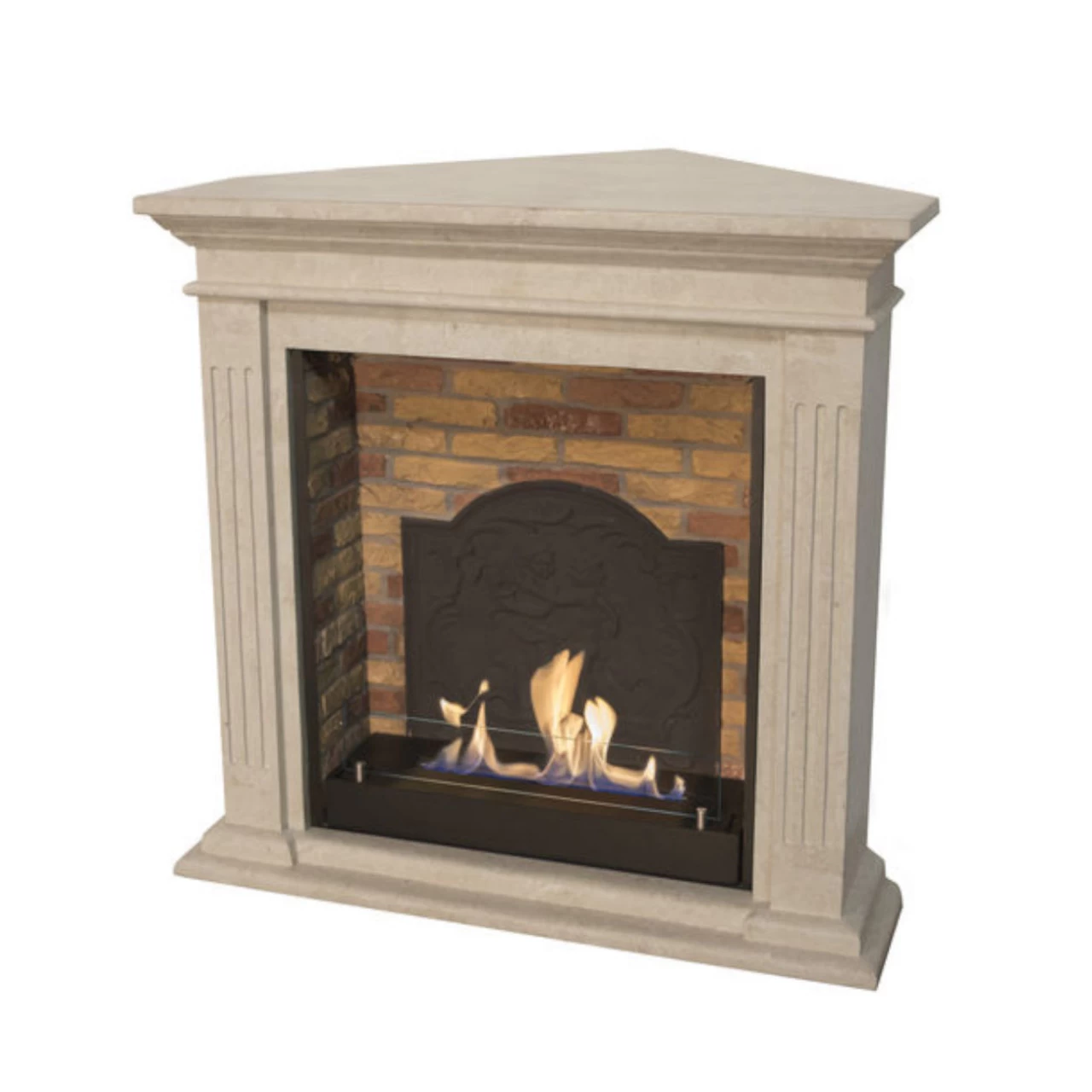 Cadiz Corner Bioethanol Kamin Naturstein Weiß Mit Steindekor Und Medaillon
