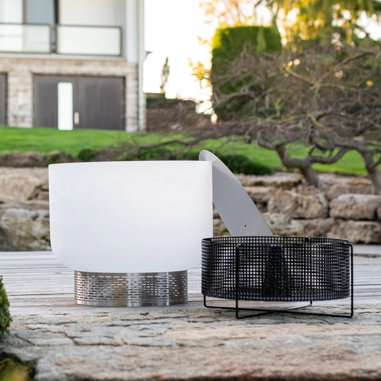QFlame Basket Quarz Feuerschale Feuerkorb Terrassen Set – Bild 6