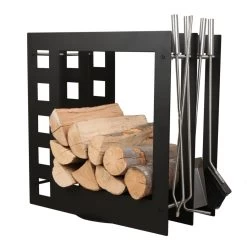 Designer Quadratische Holzablage Mit Kaminbesteck Schwarz